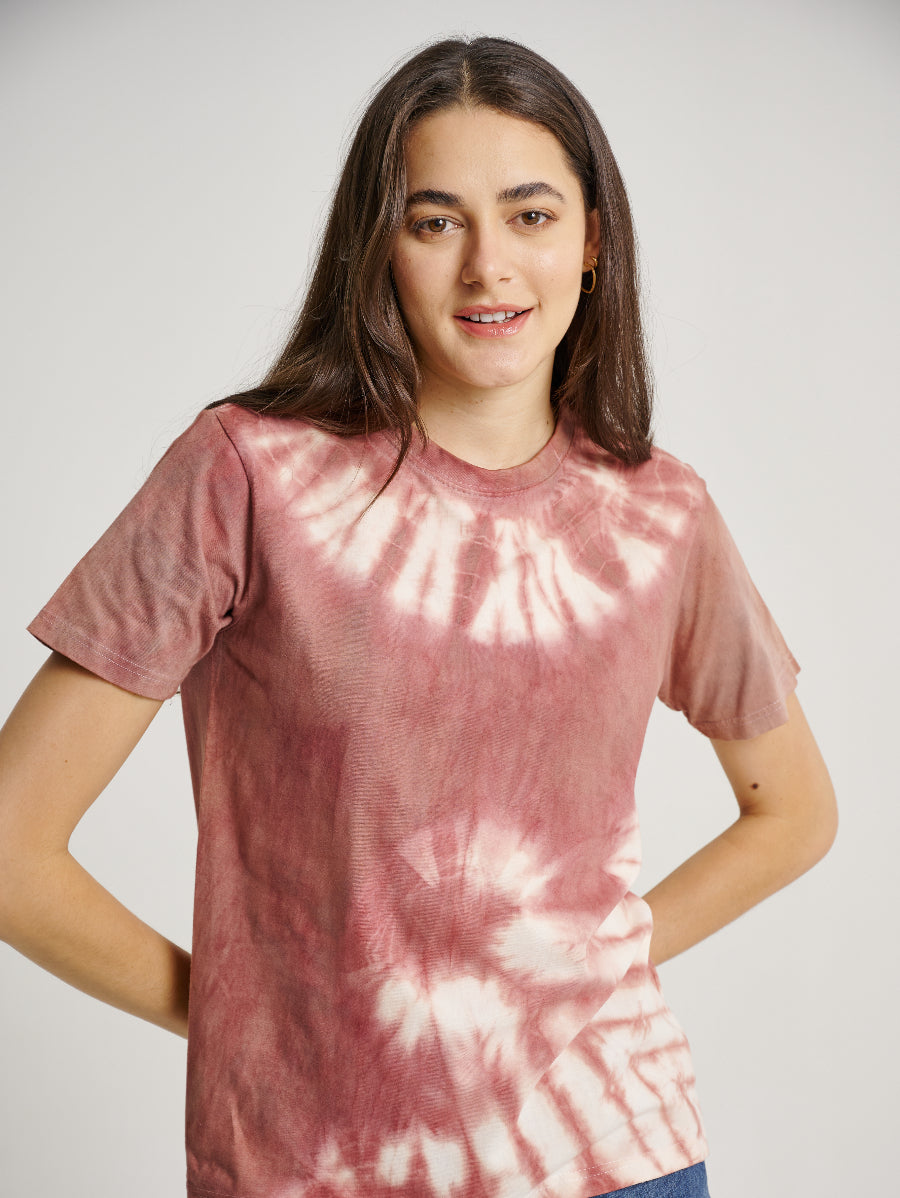 Pink Tie Dye Secang Plant Whirl Strip Pattern Short Sleeve T-shirt