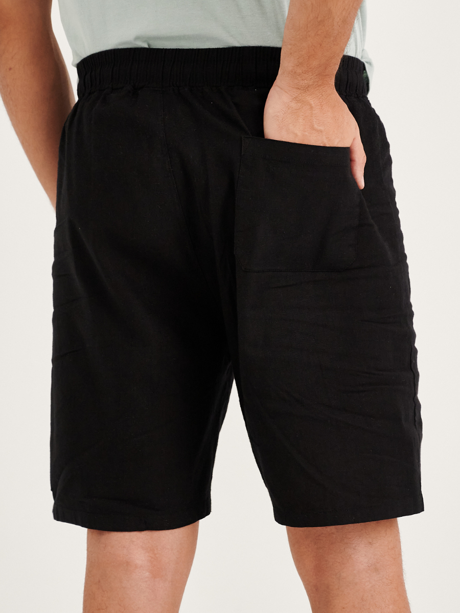 Black Cotton Linen Mens' Relax Short Pants